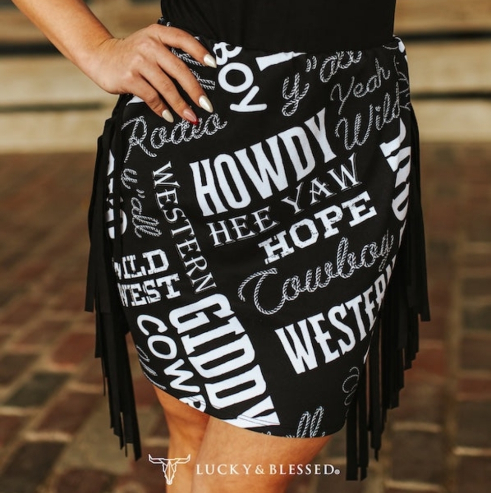 NEW LUCKY & BLESSED Black And White Howdy Printed skirt, Black Suede Side Fringe